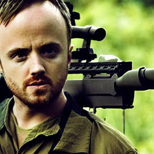 Prompt: jesse pinkman from breaking bad holding an m 1 6 rifle in the vietnam war, 4 k, hyper realistic