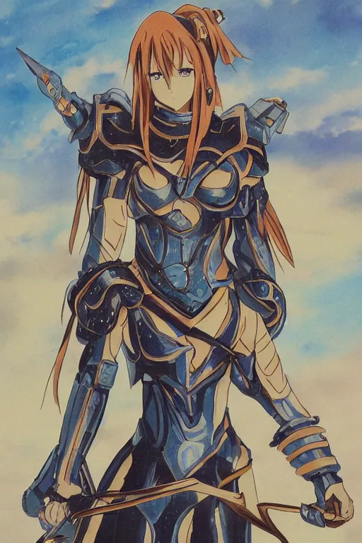 Image similar to a detailed painting in the style of anime of a galactic female warrior in armor