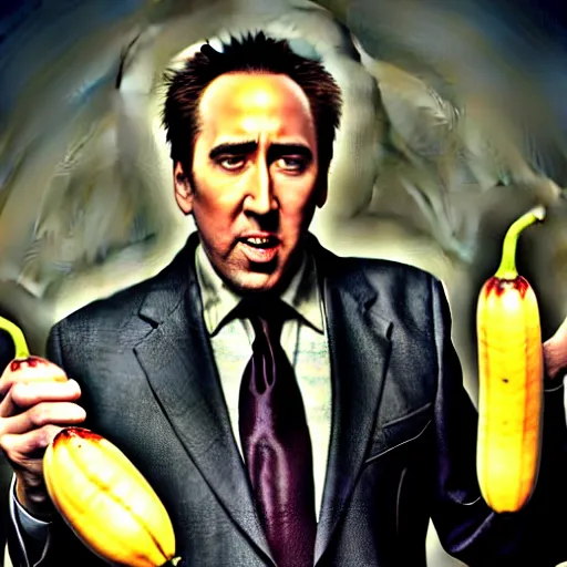 Image similar to uhd candid photo of nicholas cage, down on his luck, ranting maniacally on skid row while wielding a banana. correct face, intricate details, hyperdetailed, accurate face. photo by annie leibowitz