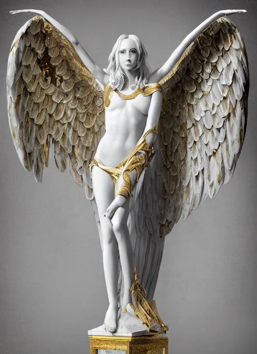 Image similar to a statue made of white marble with gold veins, of an beautiful gorgeous angel girl, full body shot, perfect symmetrical body, perfect symmetrical face, no eyes, hyper realistic, hyper detailed, fujicolor superia 1 6 0 0 photo, by johannen voss, by peter kemp, by monia merlo, by michelangelo octane render, blender, 8 k