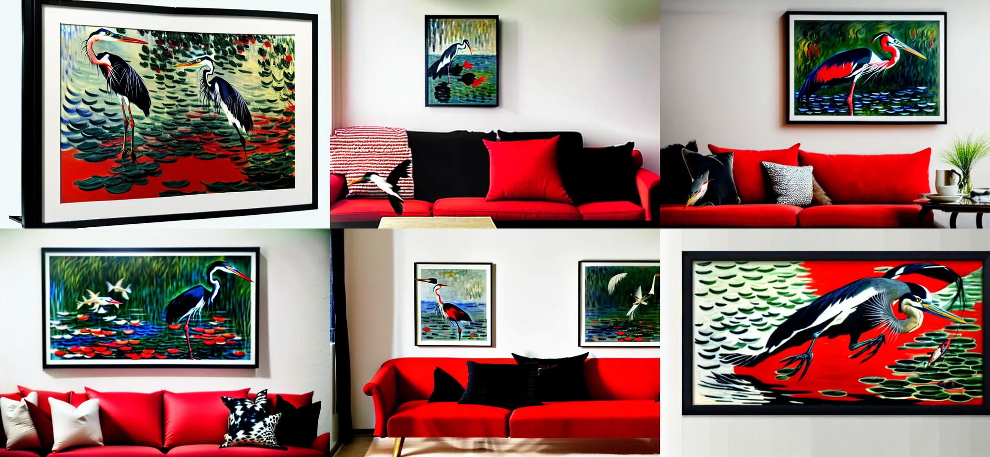 Prompt: framed black and red and white painting of an action shot of heron with fish, hanging over multicoloured couch, monet, realism