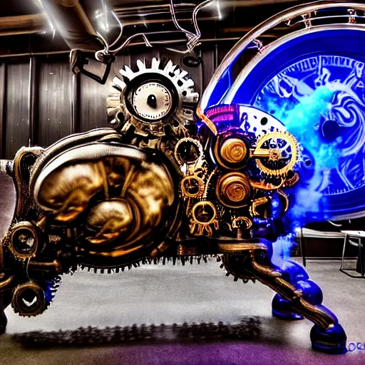 Image similar to a clockwork mechanical bull there are gears sticking out of the mechanical bull steam emanates from the robotic bull and thick clouds of steam swirl around the clockwork bull, ultra high detail, high particle effects, highly reflective surface, realistic reflections