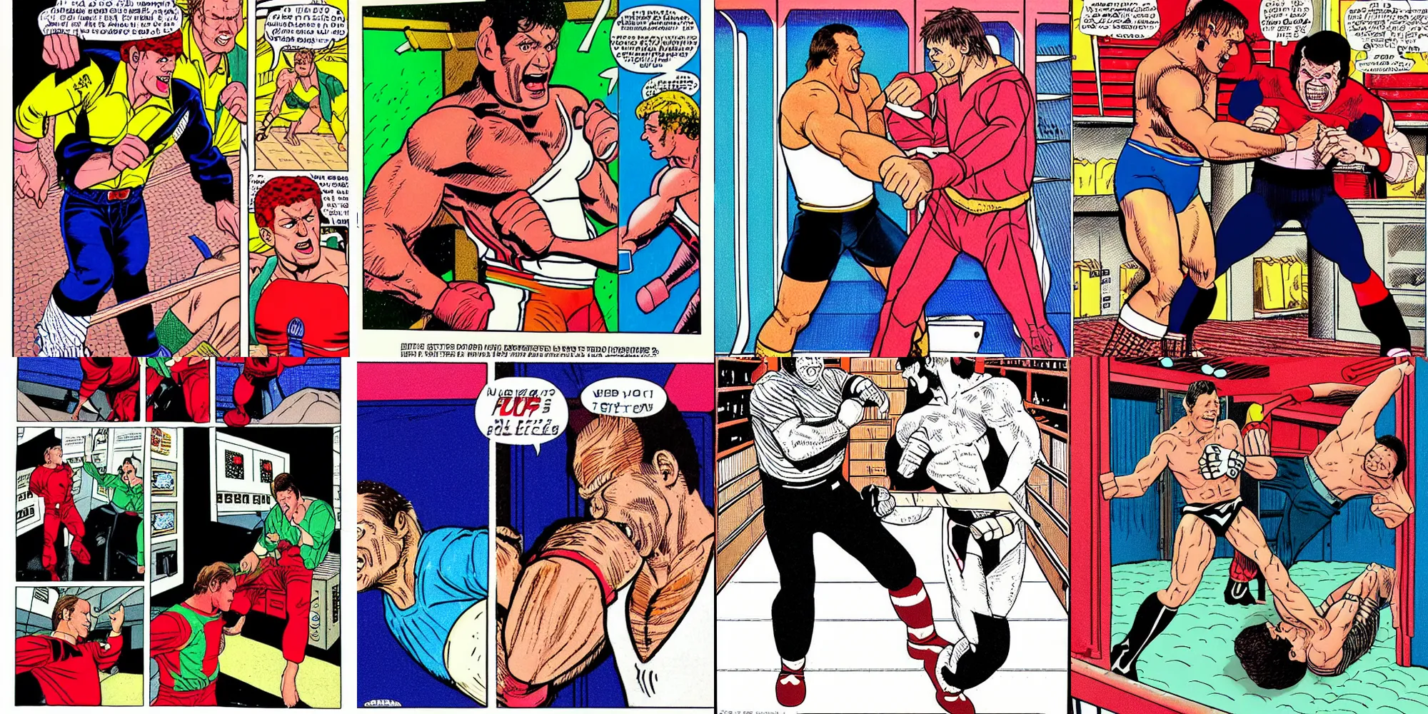 Prompt: jacques rougeau fighting the dynamite kid in a locker room, wwf, locker room, missing teeth, highly detailed, 1 9 9 4, breath taking, drawn by steve mcniven in the style of the nemesis comic book