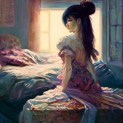 Image similar to beautiful young girl in intricate clothing by ross tran, sleeping in a messy bedroom designed by joanna gaines, at sunset, painted by sana takeda, reflections, very high intricate details, painting by liu xiaodong, digital anime art, medium shot, mid - shot, composition by ilya kuvshinov, lighting by greg rutkowski