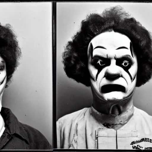 Image similar to ronald mcdonald mugshot in the newspaper, black and white newspaper, headline mugshot image of ronald mcdonald clown, clown mugshot, old fashioned photograph, criminal mugshot