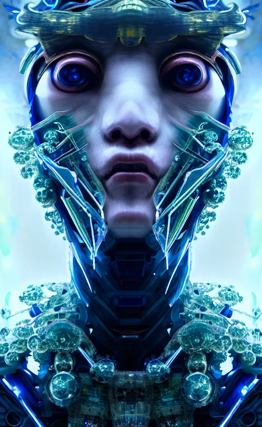 Image similar to asura from chinese myth, ghost, gorgeous and huge head ornaments, dystopian, cyberpunk, organic fractal mycelum and fungi, mecha, halfturn portrait of a big crystal face made of crystals half - turn, ominous, intricate, studio, art by anthony macbain + greg rutkowski + alphonse mucha, concept art, 4 k, sharp focus