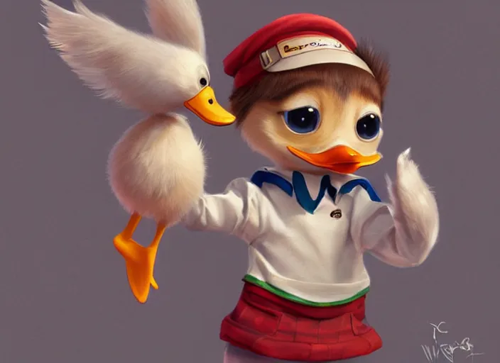 Prompt: award - winning detailed concept art of a cute iconic anthropomorphic little duck character wearing a sailor suit. art by wlop on bcy. net, realistic. detailed feathers, art by cheng yi. artstationhd, artgerm, disney pixar zootopia