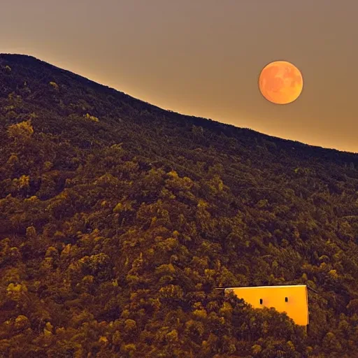 Prompt: Landscape of mountain at night with radio tower on top. Mist is covering the mountain. Yellow moon is behind radio tower.