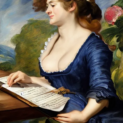 Image similar to heavenly summer sharp land sphere scallop well dressed lady working on her laptop auslese, by peter paul rubens and eugene delacroix and karol bak, hyperrealism, digital illustration, fauvist