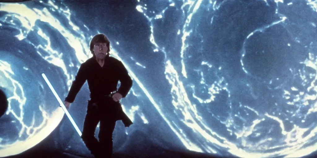 Prompt: screenshot portrait of Luke Skywalker, on a planet of maelstrom, chaos, the world without form and void, 1970s film by Stanley Kubrick, iconic scene, HR Geiger design, stunning cinematography, hyper-detailed, sharp, anamorphic lenses, kodak color, 4k, stunning