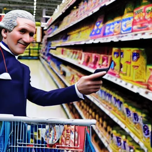 Image similar to professional color photo of George Washington taking a selfie in Walmart, 4k
