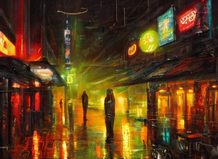 Prompt: melancholy rainy night in a cyberpunk cafe, oil on canvas