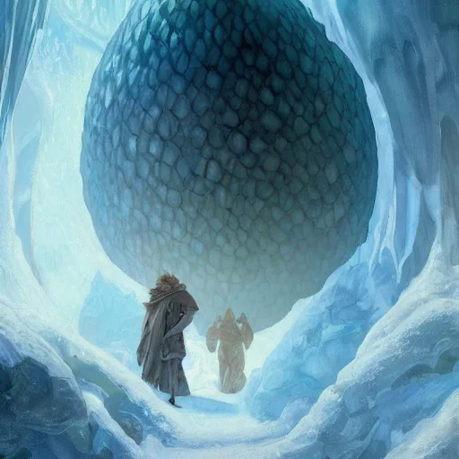 Prompt: A large frozen dragon egg in inside an ice cave, fantasy art by greg rutkowski and alphonse mucha, highly detailed, digital painting, matte painting, concept art, illustration, oppressive lighting, trending on artstation, very detailed