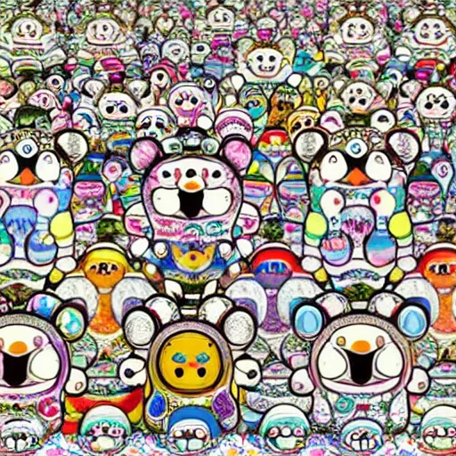 Image similar to illustration still of trippy furry chubby chibi penguins dancing by takashi murakami