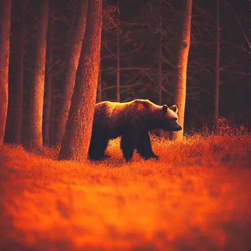 Prompt: lone bear in a forest on fire, dramatic lighting, night, realistic,