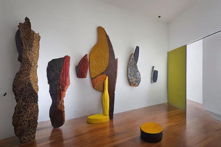 Image similar to “interior sculpture in an Australian artist’s apartment, organic, national Art School MFA, Japanese and Australian Aboriginal influences”