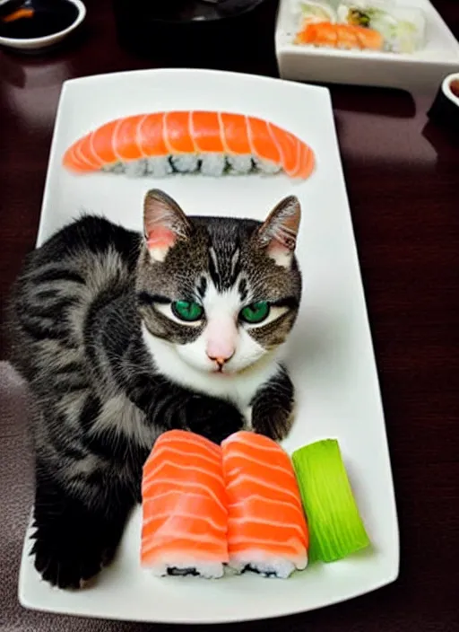 Image similar to clear photorealistic picture of adorable cats made out of sushi