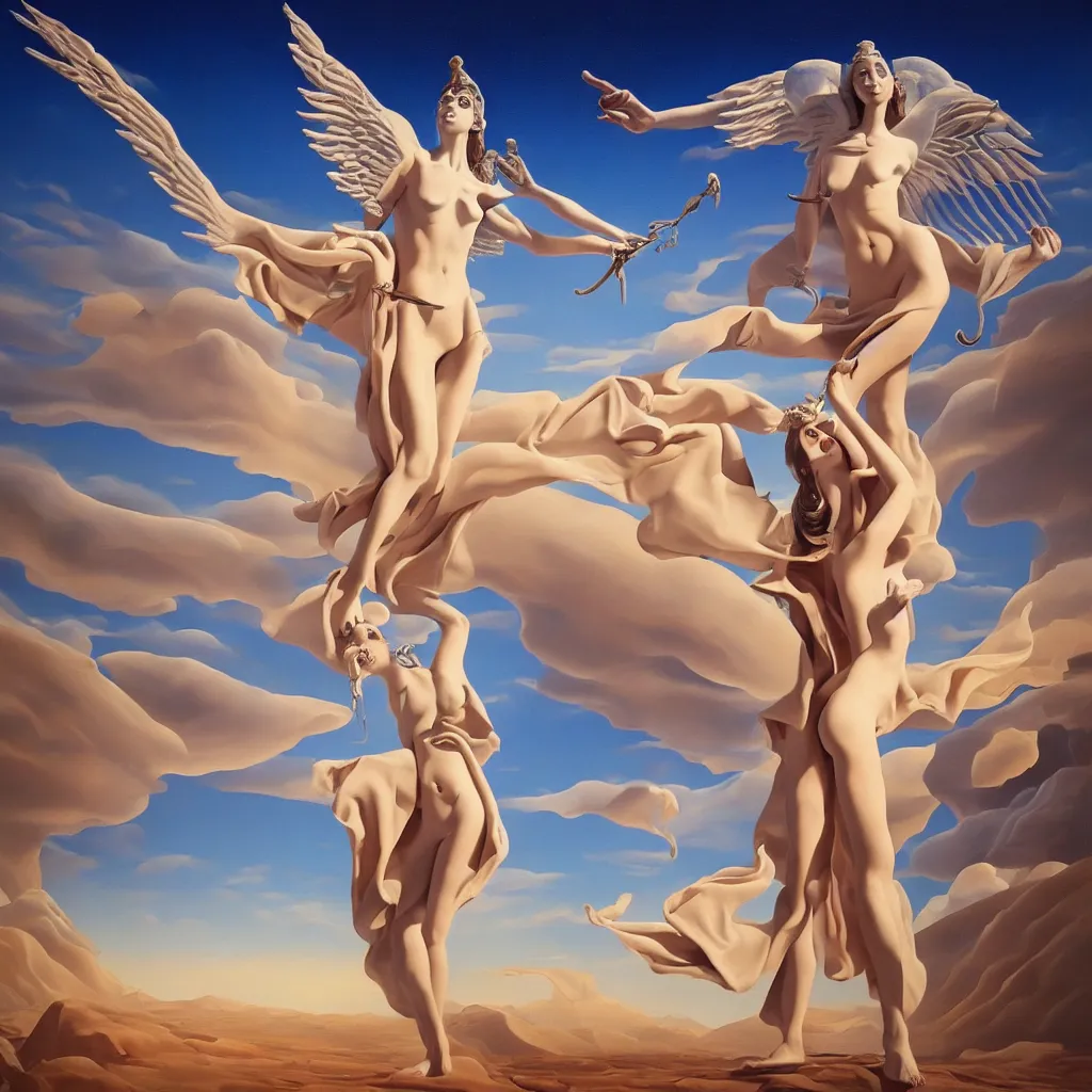 Prompt: goddess angel casting spell in desert, in the style of dali, oil on canvas, masterpiece, trending on artstation, featured on pixiv, cinematic composition, beautiful lighting, sharp, details, hyper - detailed, hd, hdr, 4 k,