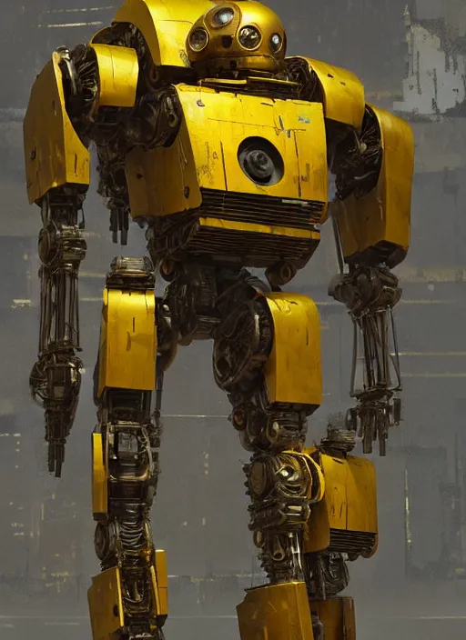 Prompt: human-sized strong intricate yellow pit droid, pancake short large head, exposed metal bones, painterly humanoid mecha, by Greg Rutkowski