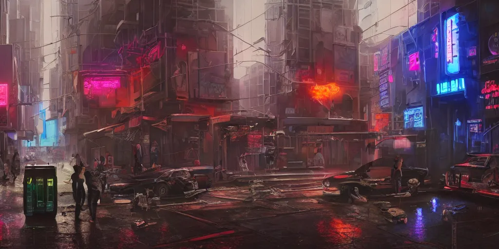 Image similar to a cyberpunk bank heist, background scene from the old city of babylon, concept art, ultra realistic, 8 k, painting, highly detailed, sci - ci, neon, rain, guns, firearms, robbery, a police car burning