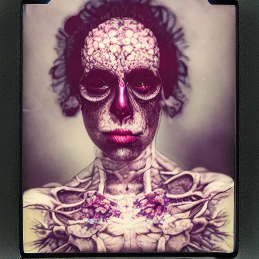 Prompt: a beautiful detailed front view portrait of a rotten woman corpse with plants and fractal flowers growing around, volumetric light, beautiful lit, polaroid photography