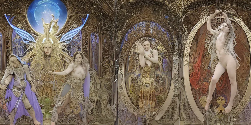 Image similar to 3 d rendered scene of the battle of angels and demons at the entrance to the fractal palace of cosmos painting of alphonse maria mucha and h. r. giger made in unreal engine hyper realistic, beautiful face, symmetrical face, good and evil, scrollwork, silver leaf, magical, detailed intricate, heraldic design, atmosphere, beautiful, realistic, detailed