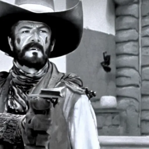 Prompt: a film still of Funny Valentine in The Good, the Bad and the Ugly(1966)