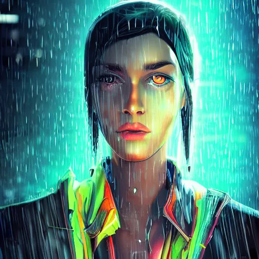 Image similar to stylish cartoon portrait made out of rain, cyberpunk background, rendered in octane, unreal engine, highly detailed, trending on artstation, realistic, splashes of neon, beautiful, handsome, depth of field, glowing eyes