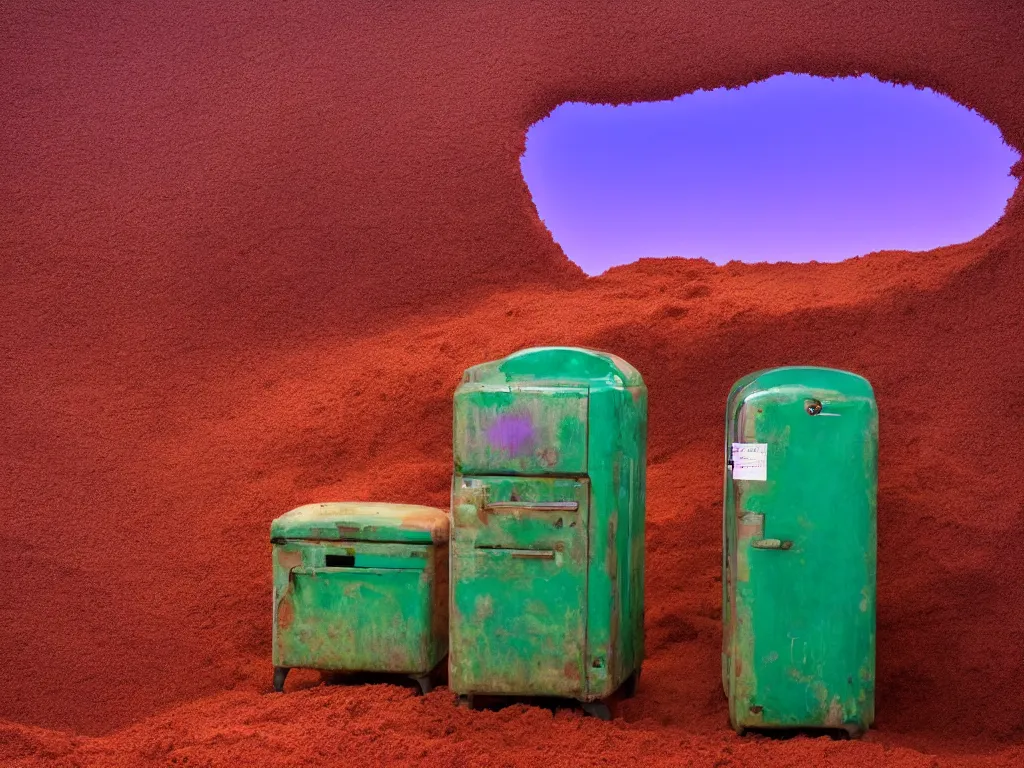 Image similar to purple refrigerator, red sand beach, green ocean, nebula sunset