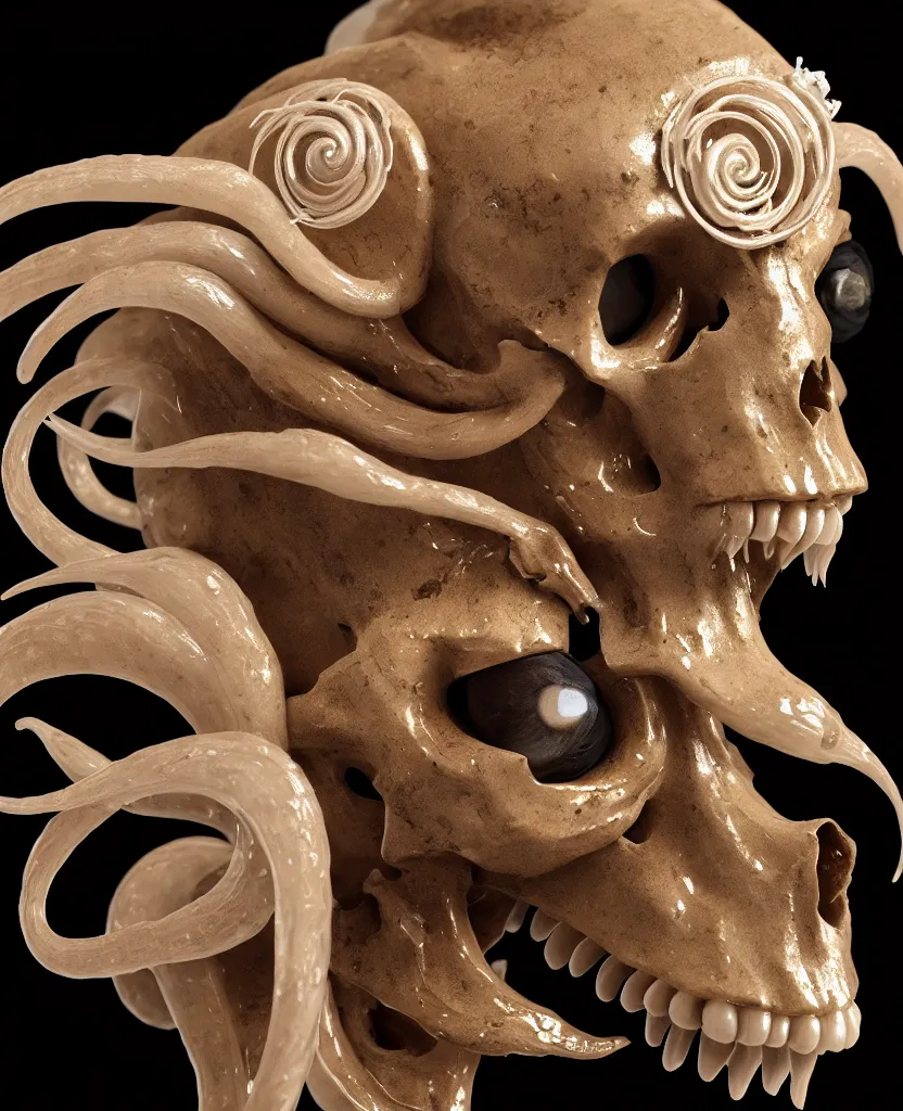 Image similar to goddess princess face close-up portrait ram skull. sculpture made of black clay and gold. jellyfish phoenix head, nautilus, orchid, skull, betta fish, bioluminiscent creatures, intricate artwork by Tooth Wu and wlop and beeple. octane render, trending on artstation, greg rutkowski very coherent symmetrical artwork. cinematic, hyper realism, high detail, octane render, 8k