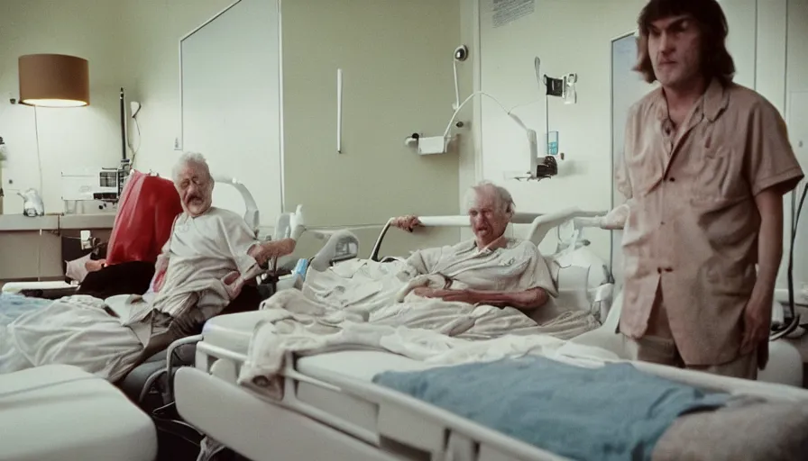 Prompt: 7 0 s movie still of a old man with trypophobia legs in the hospital, cinestill 8 0 0 t 3 5 mm eastmancolor, heavy grain, high quality, high detail