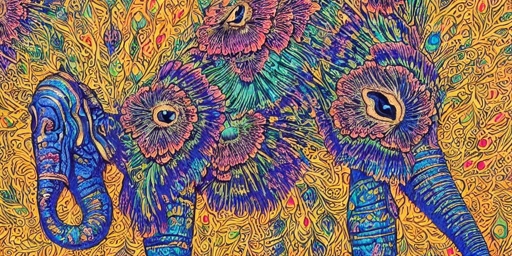 Prompt: colorful print of peacock elephant motif botanical artwork, multicolor lino block print with vignettes, created by ernst haeckel, greg hildebrandt, mary delany in the style of painting toon shades, colorful ink, vibrant, warm pastel, colorful dark vector, smooth curves, graphical, detailed, trending in art station 9 6 0!!!!!