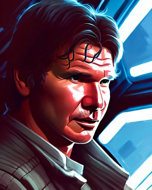 Prompt: character portrait closeup harrison ford hybrid han solo standing in the cockpit of the millennium falcon, confident, jim lee, beeple, wlop, artgerm, dan mumford, action pose, trending on artstation, octane