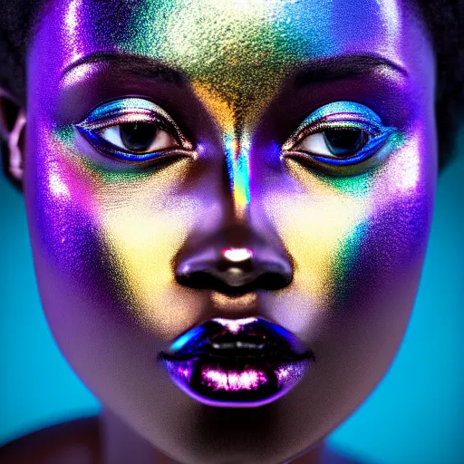 Image similar to portrait photograph of iridescent metalic face, african woman, iridescent reflections, proud looking, blue sky, 8 k, realistic, depth of field, highly detailed, art photography