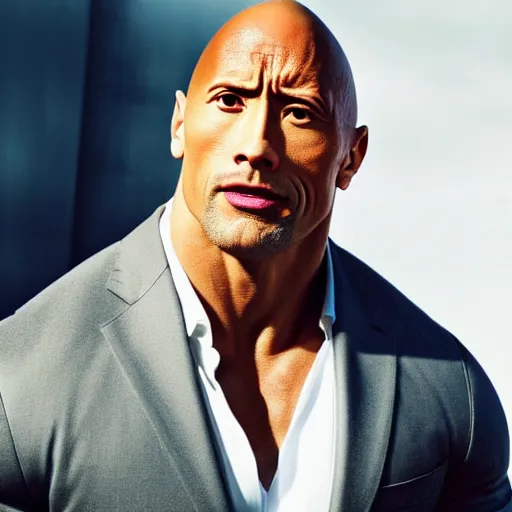 Image similar to Dwayne Johnson is looking intensely at the camera with one eyebrow up
