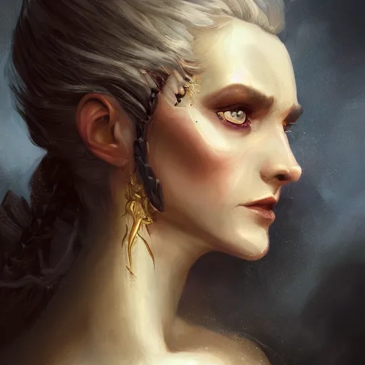 Image similar to a detailed matte head - on portrait painting of an middle - aged half - tiefling noblewoman with golden eyes and short well kept hair, by charlie bowater, lise deharme, wlop, tending on arstation, dungeons and dragon, dnd, pathfinder, fanart, oil on canvas