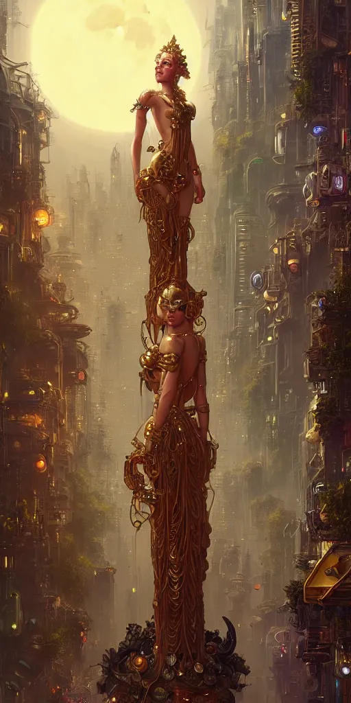 Image similar to golden ornate goddess looking at a hyper realistic cyberpunk city, busy crowded market street overtaken by lush plants, full moon, light rays, gnarly trees by tom bagshaw, mucha, gaston bussiere, craig mullins, j. c. leyendecker 8 k