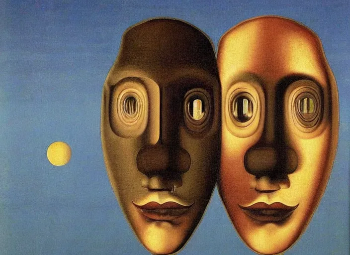 Image similar to endless masks, maddening forbidden knowledge, strange machine by rene magritte and salvadore dali