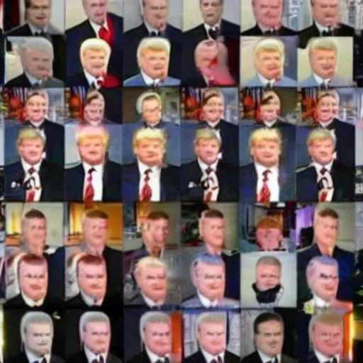 Image similar to CCTV footage of an entire room filled with Donald Trump clones staring at the camera, creepy, nightvision, screencapture