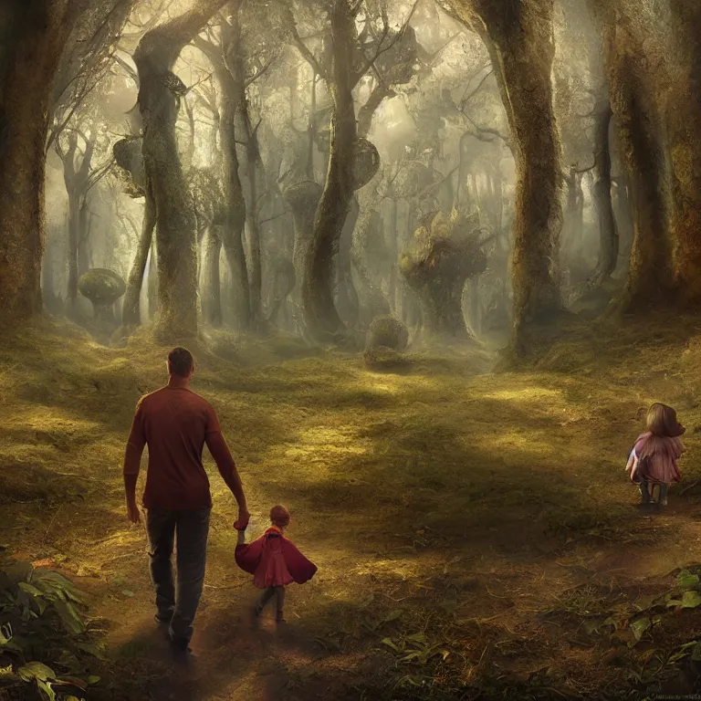 Image similar to a painting of a man and a child walking through a huge mushroom forest, a detailed matte painting by julian allen, cgsociety, fantasy art, matte painting, concept art, daz 3 d