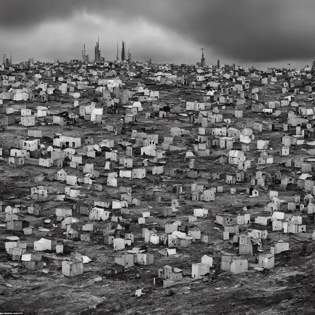 Image similar to towers made up of colourful makeshift squatter shacks, bleached colours, moody cloudy sky, dystopia, mamiya, very detailed, photographed by ansel adams