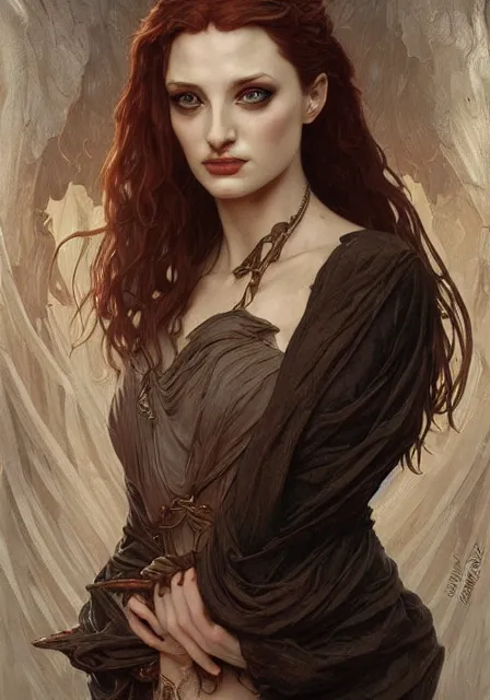 Prompt: sansa angeline jolie gessica chastain creepy mummy vampire, intricate, elegant, highly detailed, digital painting, artstation, concept art, smooth, sharp focus, illustration, art by artgerm and greg rutkowski and alphonse mucha and william - adolphe bouguereau