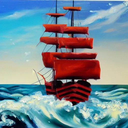 Image similar to pirate ship sailing on stormy seas, oil on canvas, vivid colors,