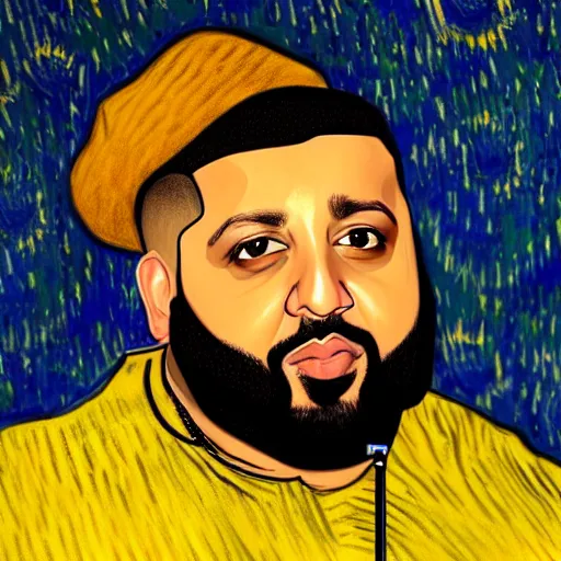 Image similar to ultra realistic portrait of dj khaled in a studio, ultra detailed, under blue, red and yellow cinematic lighting, by van gogh, cartoon