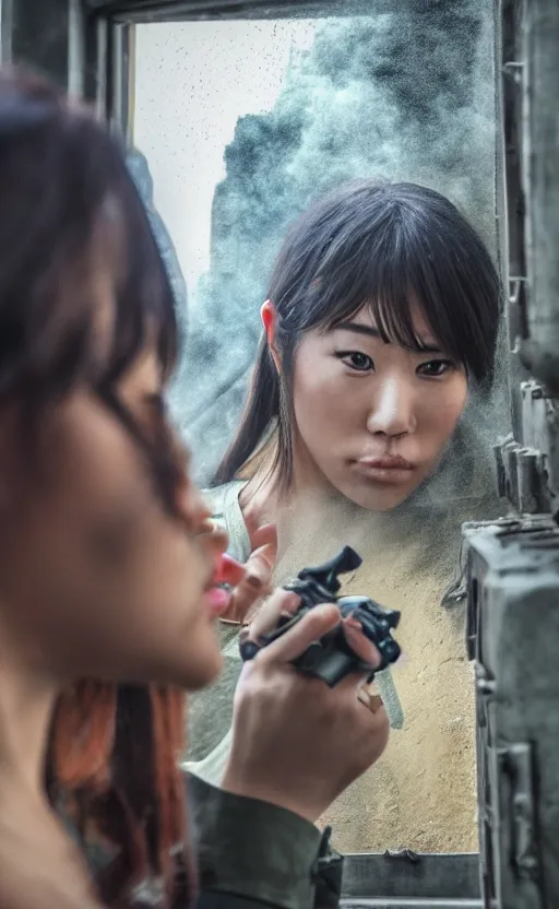 Image similar to close portrait photo of a focused female and asian tank commander spying outside the open window of her tank, highly detailed, smoke and dirt in the background, high resolution, cosplay photo, stunning, girls frontline style, bokeh soft, shot on 70mm, zenithal lightning, trending on instagram, by award winning photographer, realistic human anatomy, real human faces, realistic military carrier, soldier clothing, modern warfare, shot with a professional camera, low saturation, soldier clothing, hard surfaces