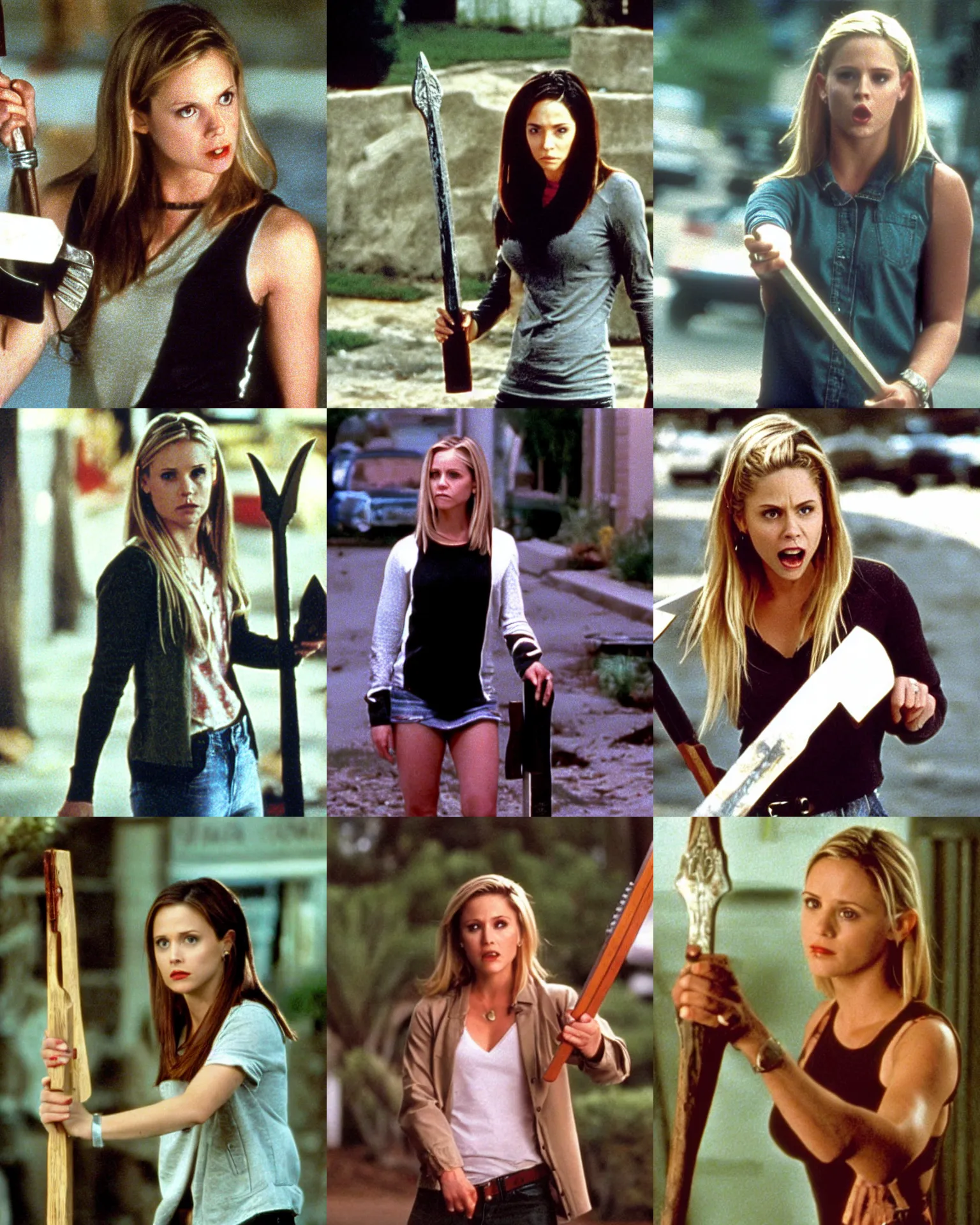 Prompt: a still from veronica mars the vampire slayer, 1 9 9 7, veronica is holding a wooden stake up