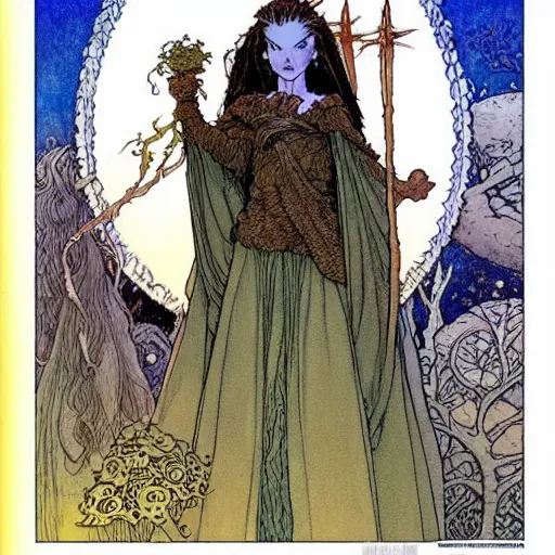 Image similar to a realistic portrait of sanna!!!!! marin!!!!!, the young beautiful female prime minister of finland as a druidic wizard by rebecca guay, michael kaluta, charles vess and jean moebius giraud