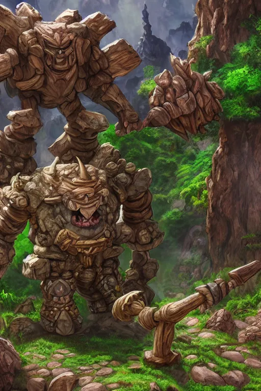 Image similar to zelda fantasy art giant golem troll wood rock greeble gemstone, global illumination ray tracing hdr fanart arstation by sung choi and eric pfeiffer and gabriel garza and casper konefal