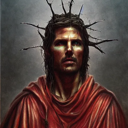 Image similar to portrait of Tom Cruise as demonic Jesus Christ in hood and crown of thorns, dark fantasy, Warhammer, artstation painted by Zdislav Beksinski and Wayne Barlowe