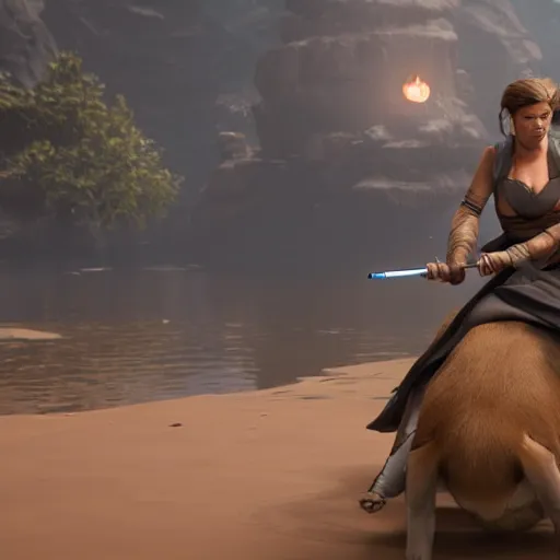 Image similar to female jedi riding a giant capybara into battle unreal 5, hyperrealistic, realistic, photorealistic, dynamic lighting